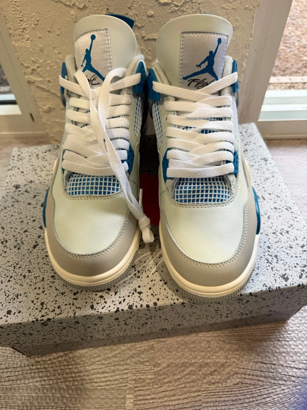 Jordan White and Blue Retro Basketball Shoe